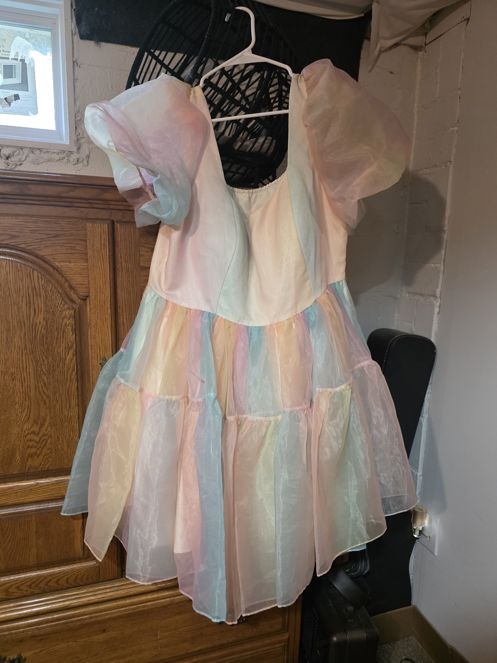 Pastel Rainbow Puff-Sleeve Mini Dress